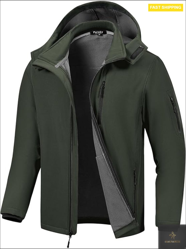 Men's Softshell Jacket Waterproof Fleece Lined Windbreaker With Removable Hood